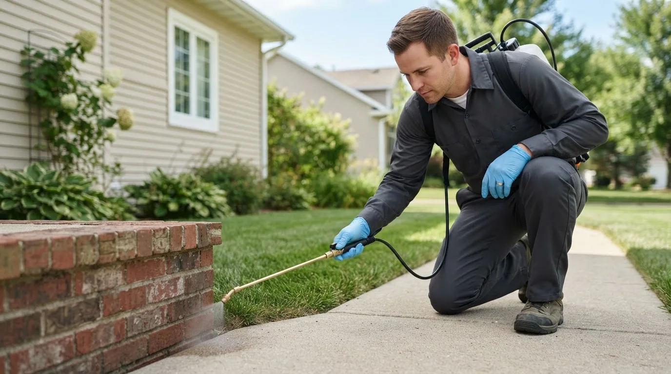 Pest control technician treating a home near Renton, WA